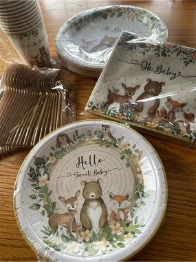 Woodland Baby Shower Paper Plates, Cops, Napkin Set - Green / Cream🌼